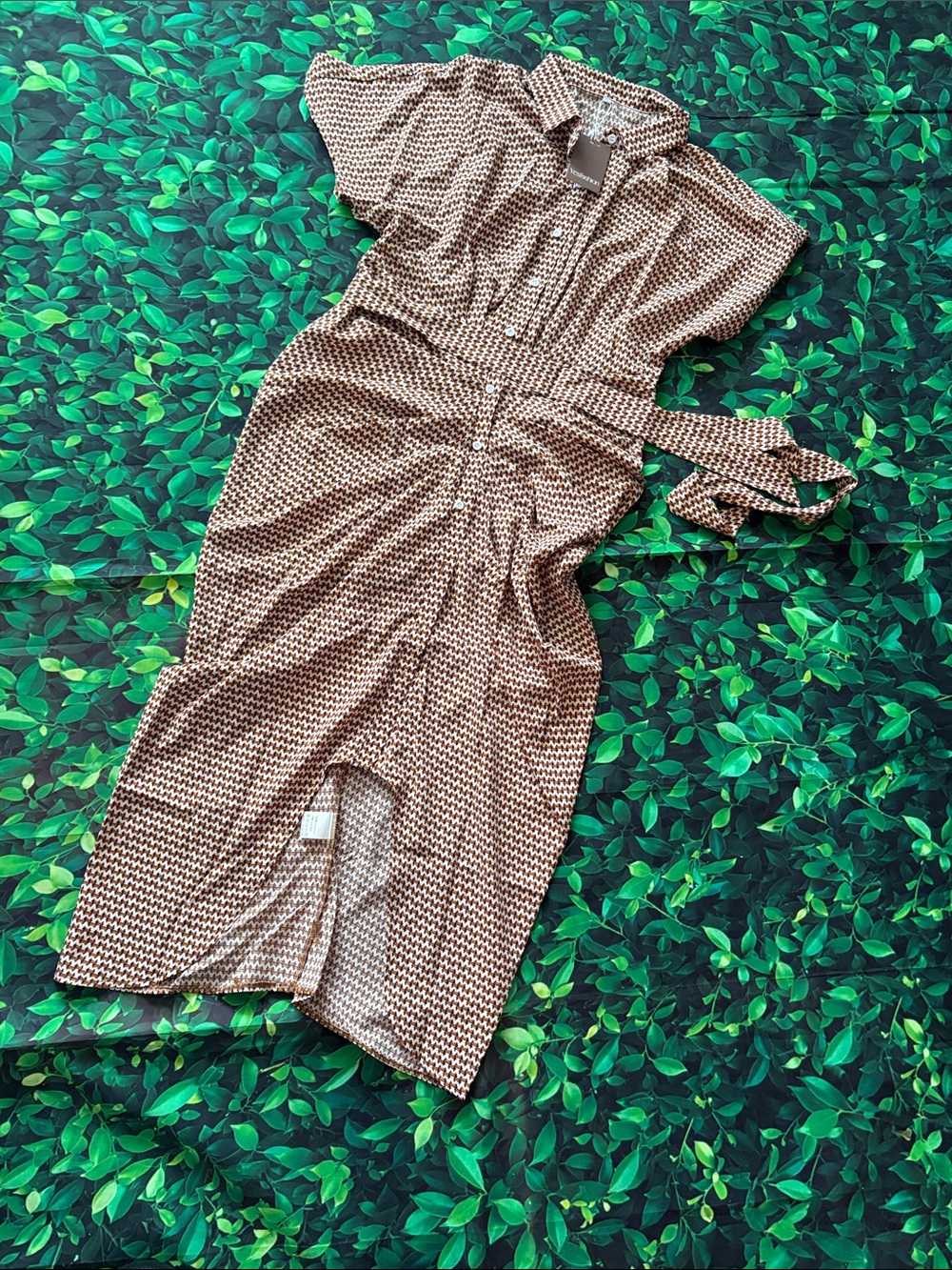 Button-Front Brown Patterned Midi Dress with Self-Tie Waist